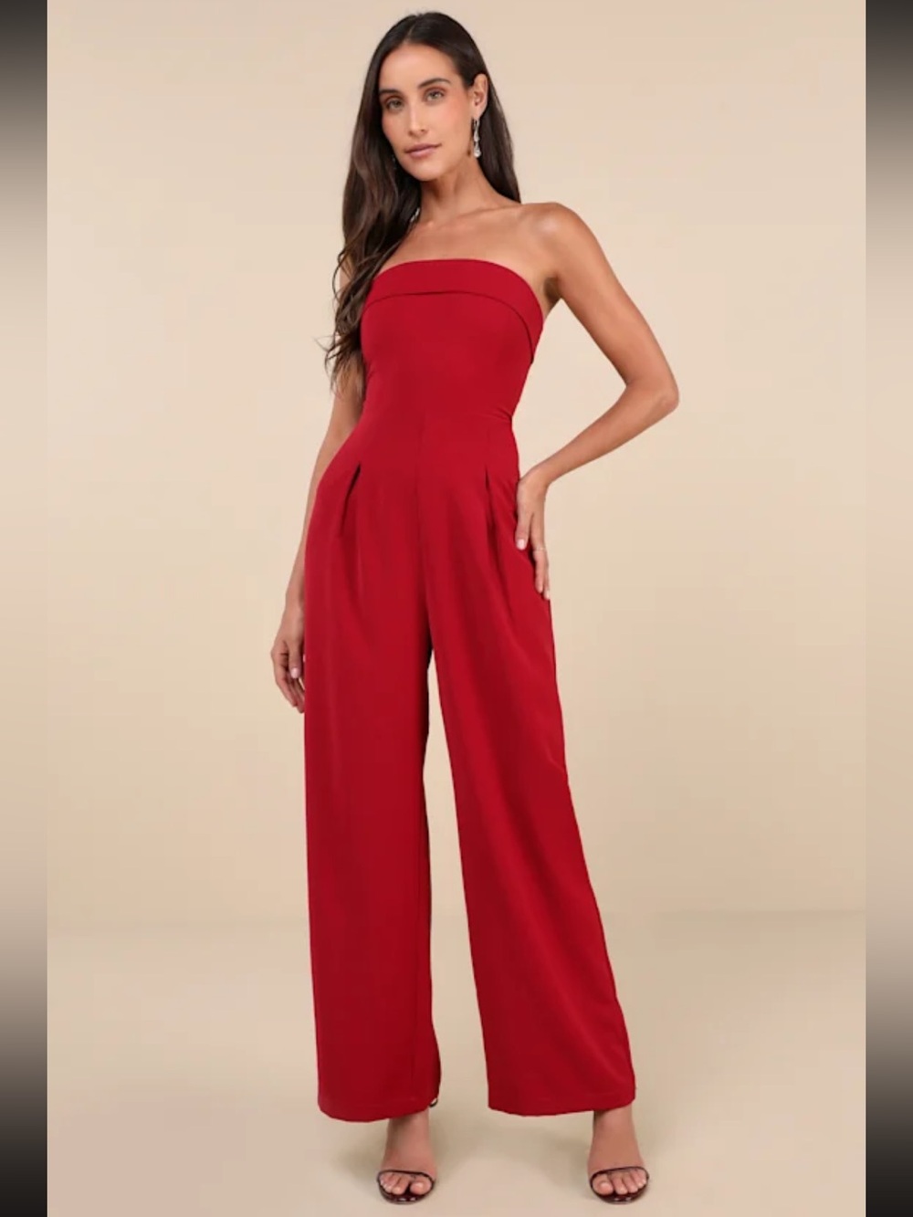 Upscale Silhouette Dark Red Twill Wide-Leg Strapless Jumpsuit